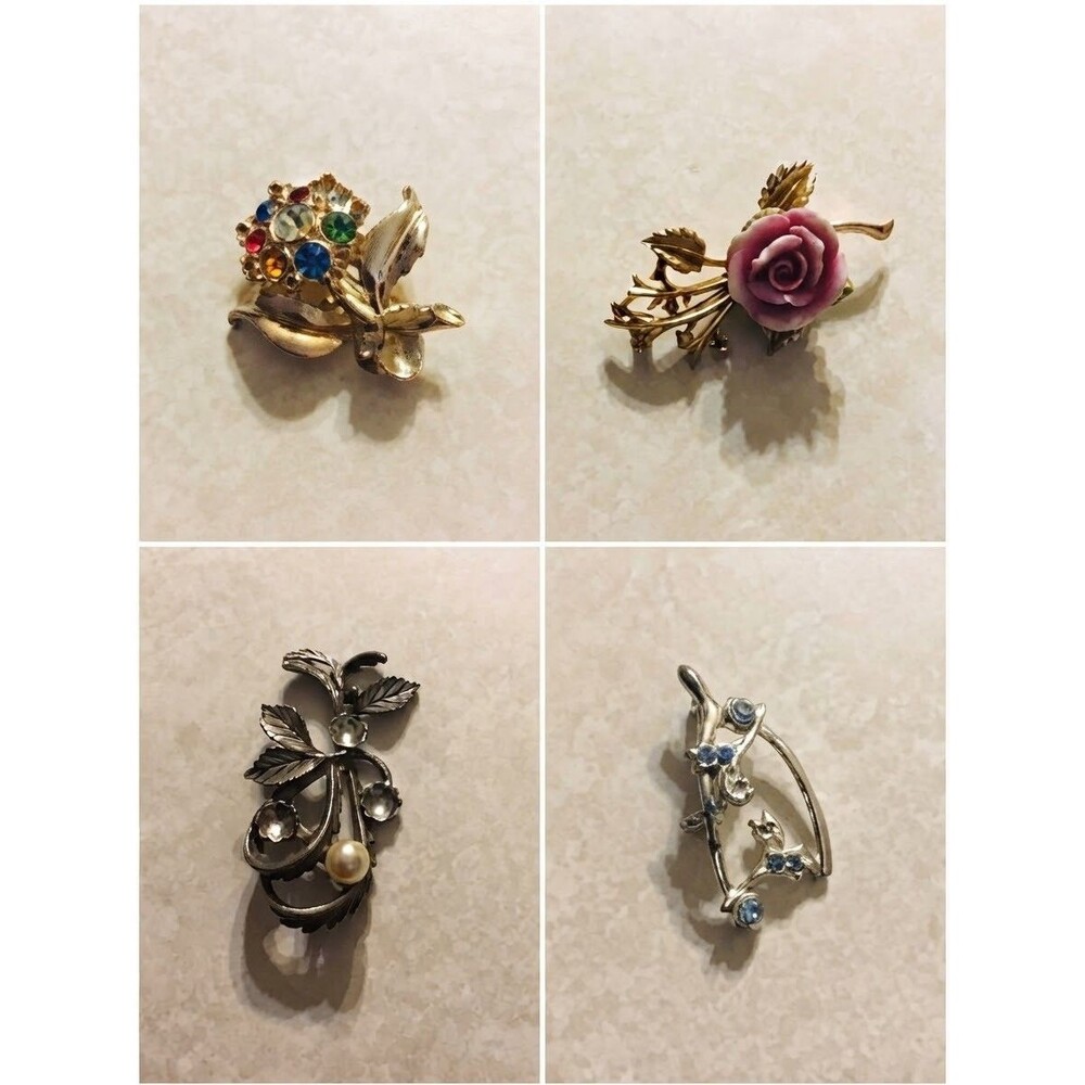 Coro Vintage Brooch Lot Floral Rhinestone Figural Love Birds Feather Ab Flaws